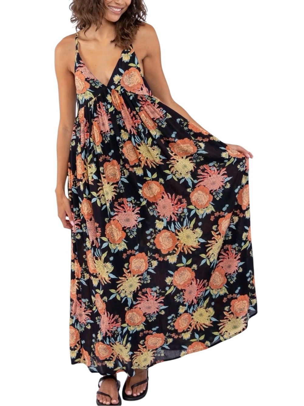 NATURAL LIFE Reyna Deep V Neck Maxi Dress Black Marigold Floral Medium NWT
